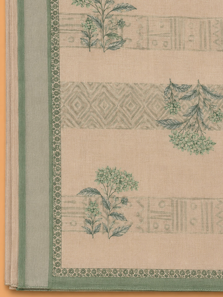 Pista Green Printed Linen Blend Unstitched Suit &amp; Pant With Linen Dupatta