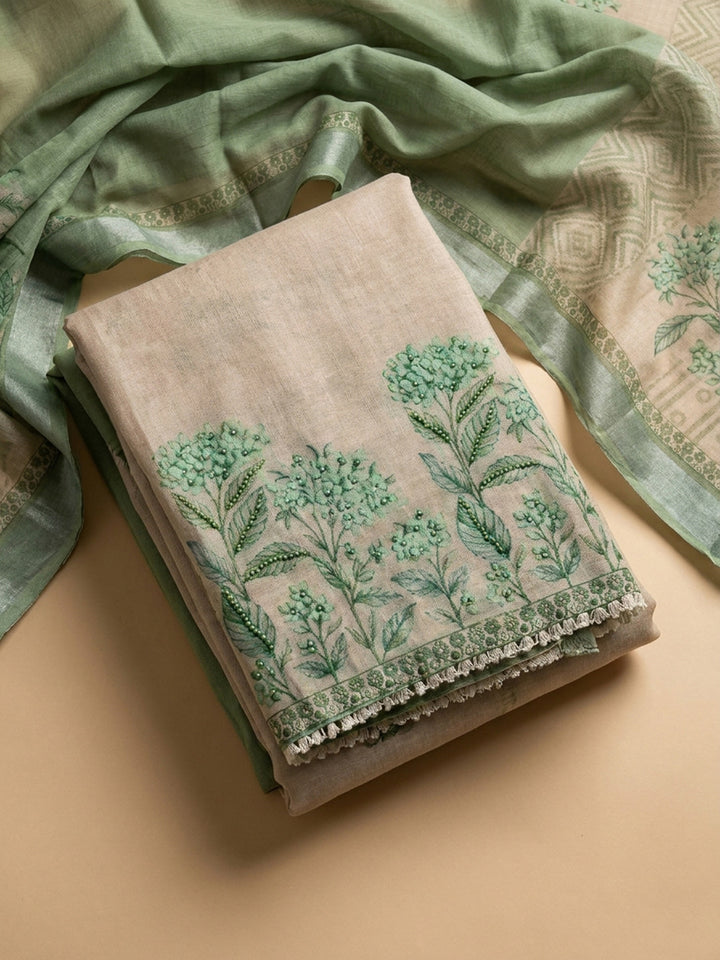 Pista Green Printed Linen Blend Unstitched Suit &amp; Pant With Linen Dupatta
