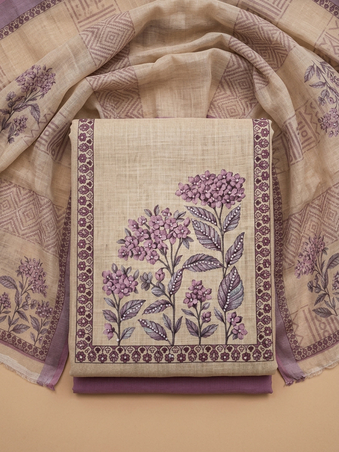 Purple Printed Linen Blend Unstitched Suit &amp; Pant With Linen Dupatta