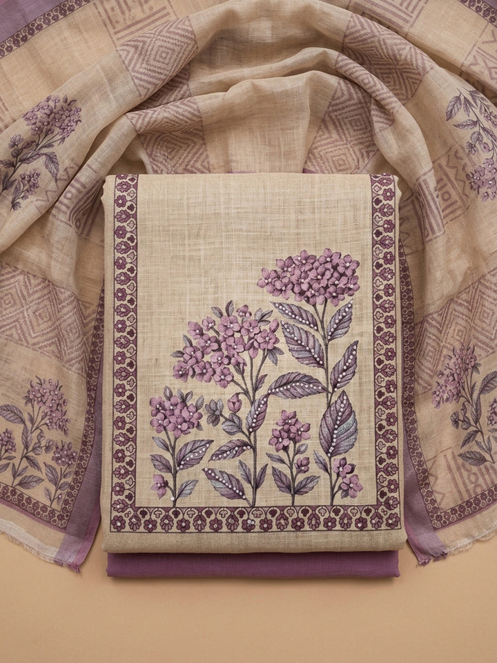 Purple Printed Linen Blend Unstitched Suit &amp; Pant With Linen Dupatta