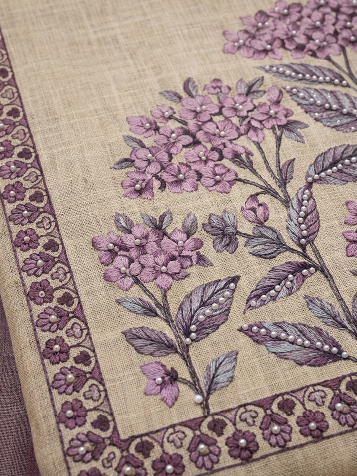 Purple Printed Linen Blend Unstitched Suit &amp; Pant With Linen Dupatta