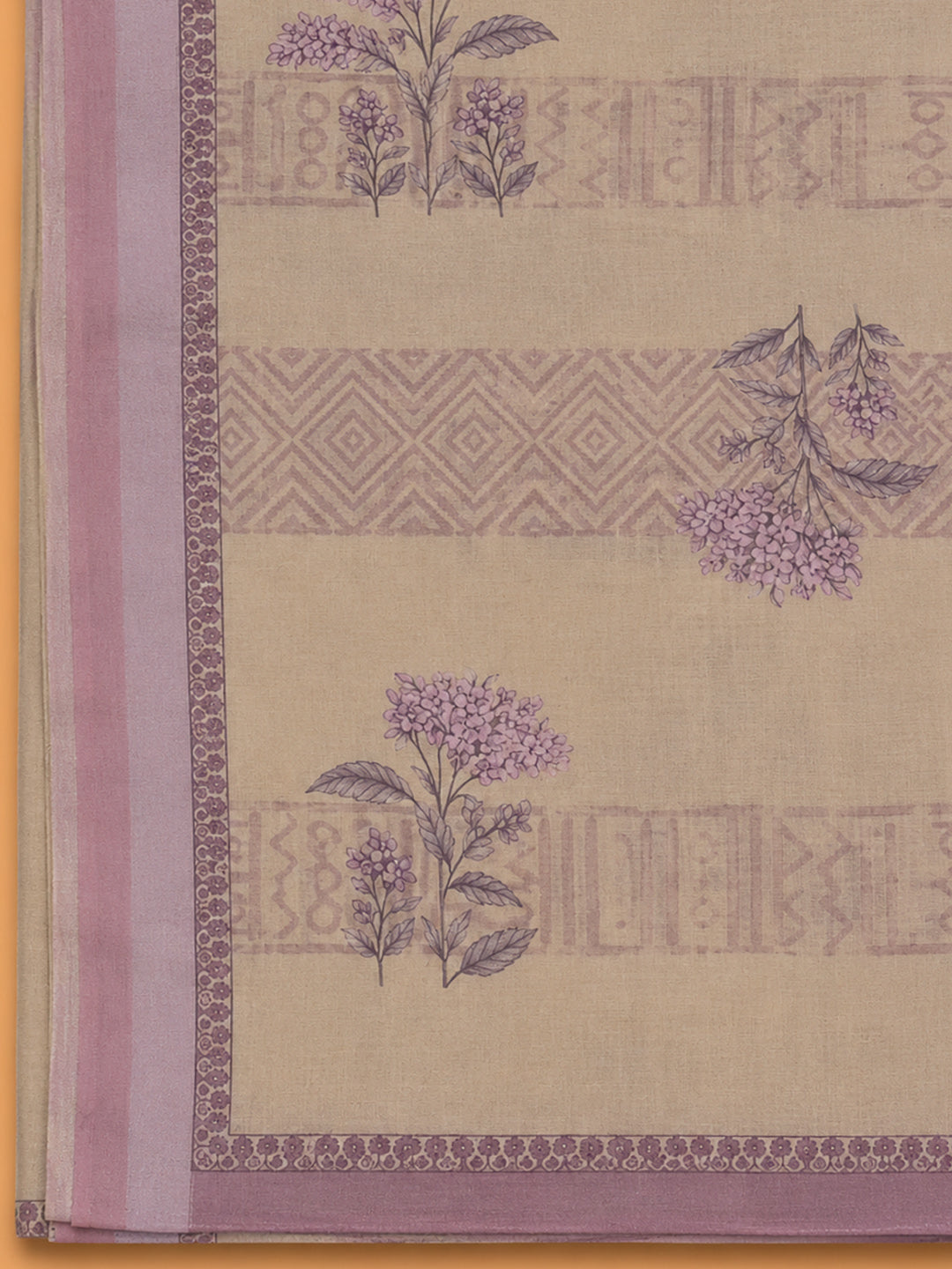Purple Printed Linen Blend Unstitched Suit &amp; Pant With Linen Dupatta