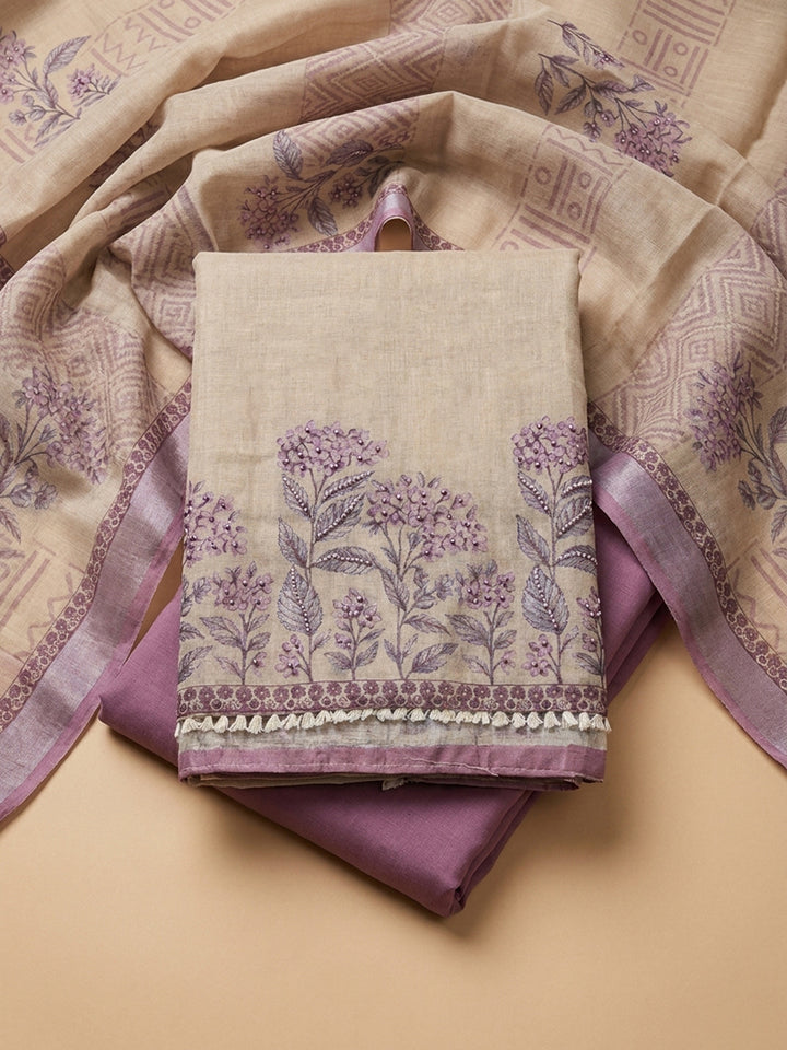 Purple Printed Linen Blend Unstitched Suit &amp; Pant With Linen Dupatta