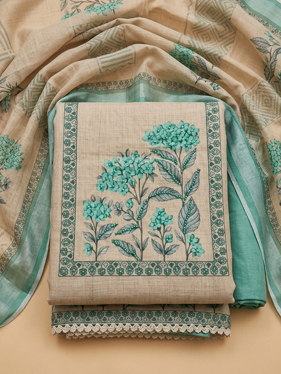 Rama Green Printed Linen Blend Unstitched Suit &amp; Pant With Linen Dupatta