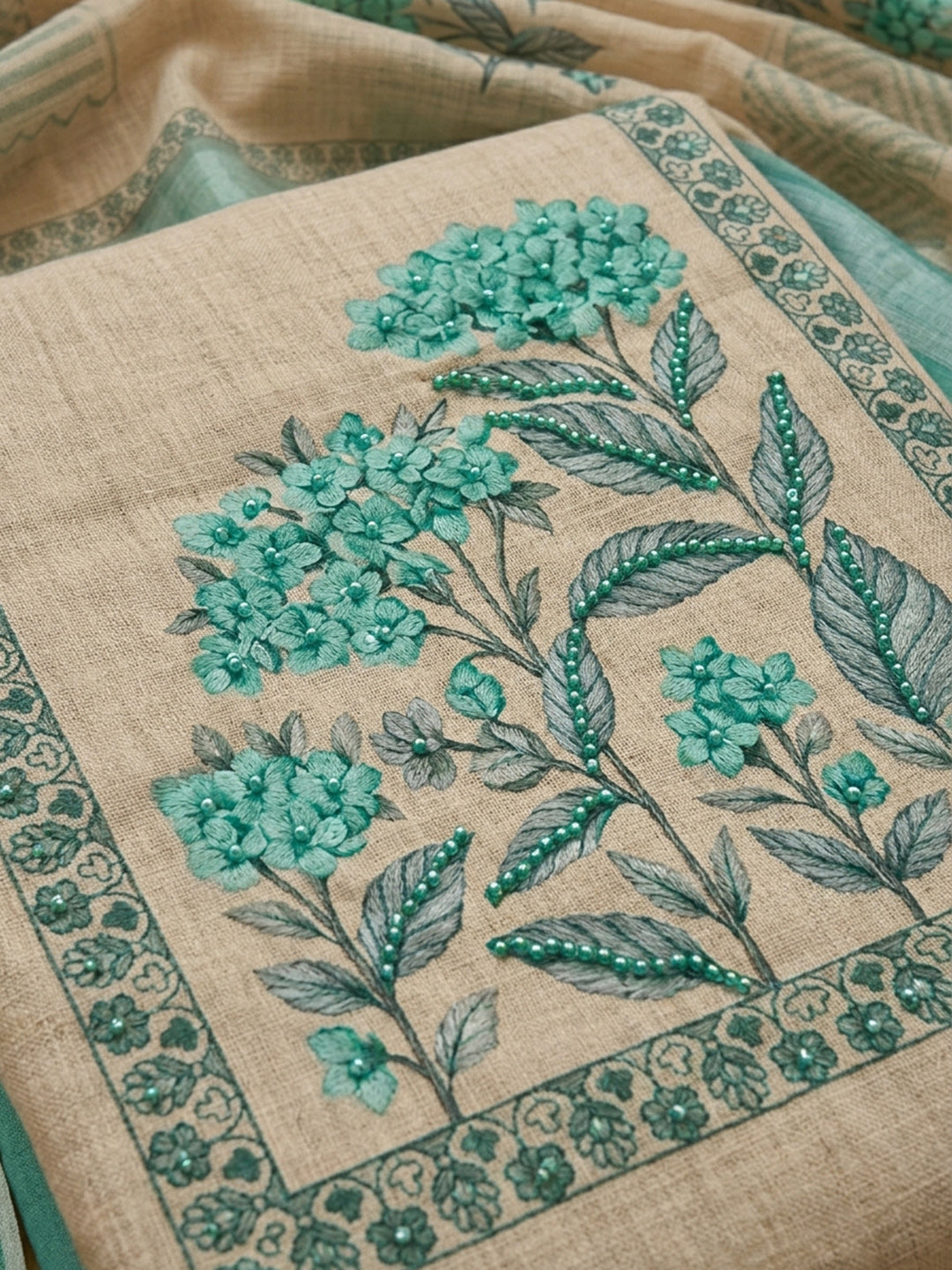 Rama Green Printed Linen Blend Unstitched Suit &amp; Pant With Linen Dupatta