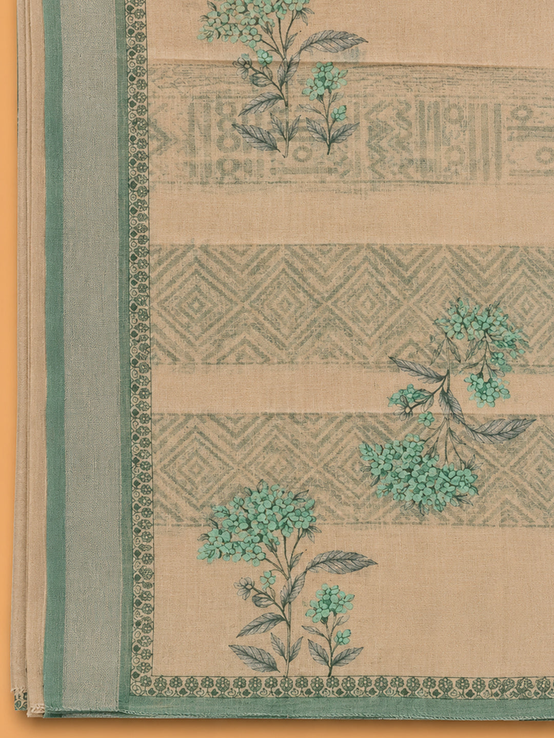 Rama Green Printed Linen Blend Unstitched Suit &amp; Pant With Linen Dupatta