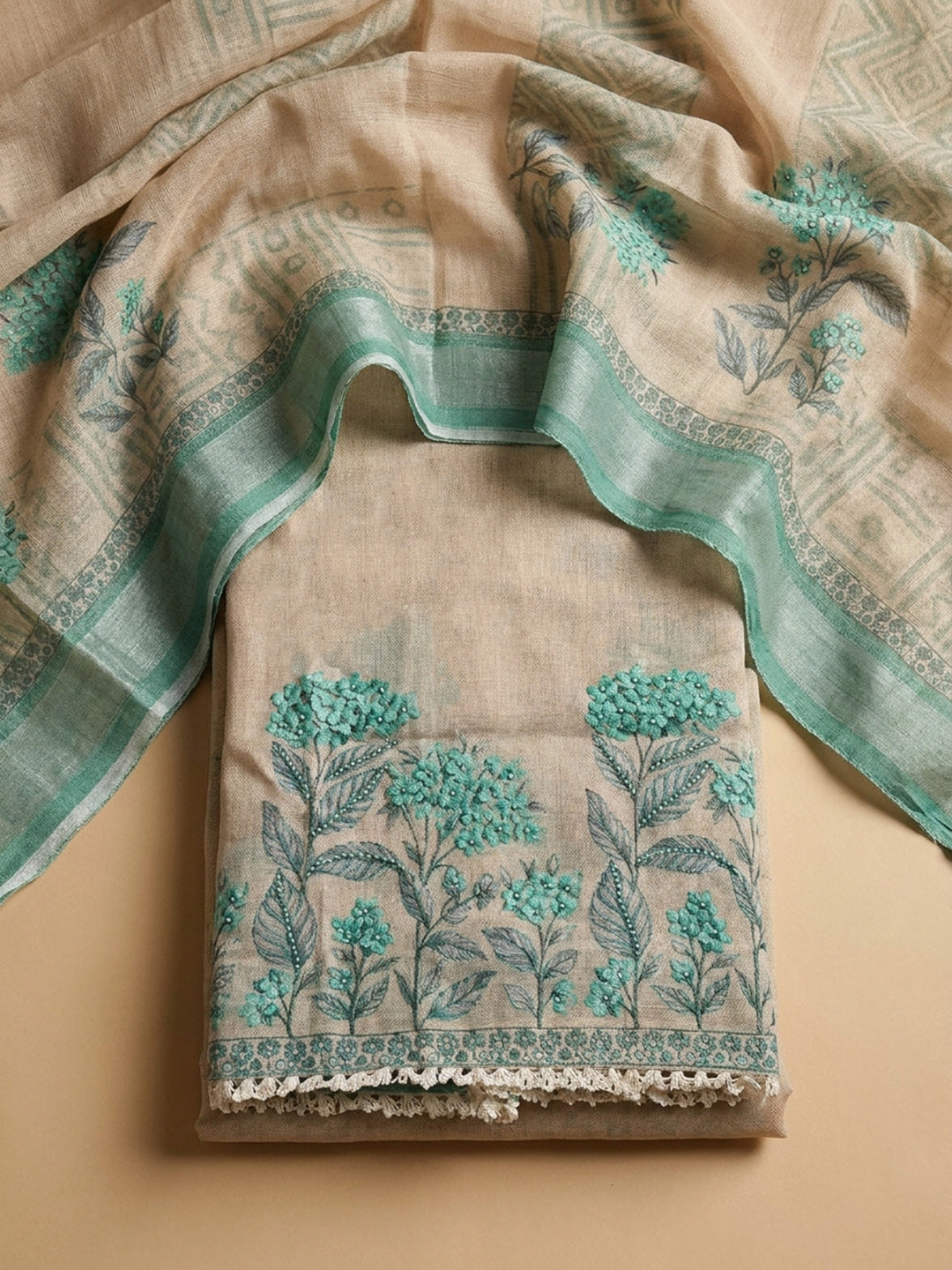 Rama Green Printed Linen Blend Unstitched Suit &amp; Pant With Linen Dupatta
