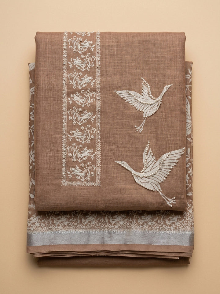 Brown Embroidered Linen Blend Unstitched Suit &amp; Pant With Linen Dupatta