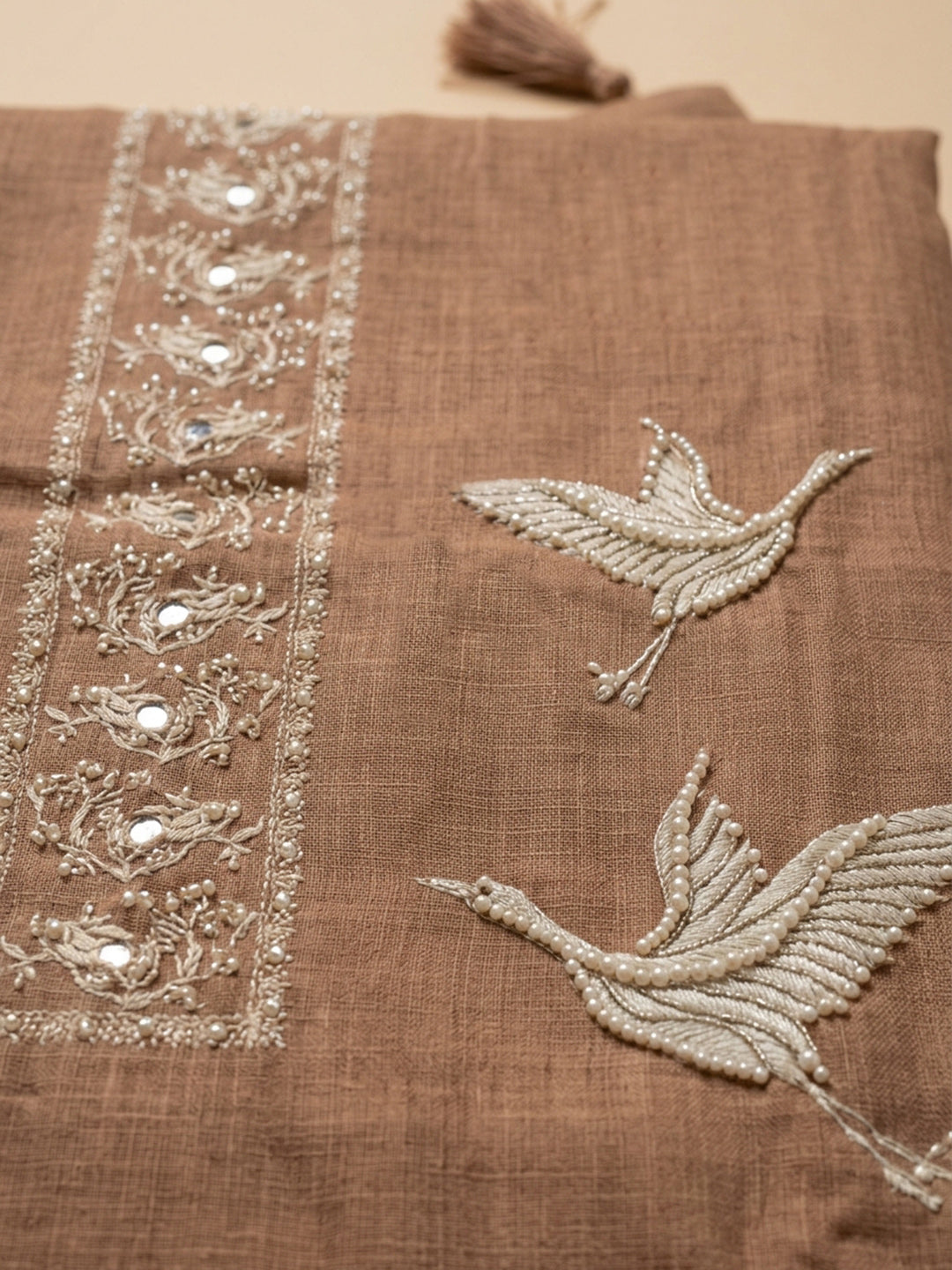 Brown Embroidered Linen Blend Unstitched Suit &amp; Pant With Linen Dupatta