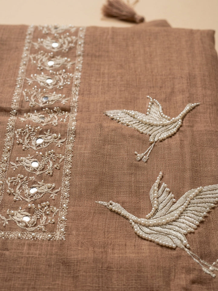 Brown Embroidered Linen Blend Unstitched Suit &amp; Pant With Linen Dupatta