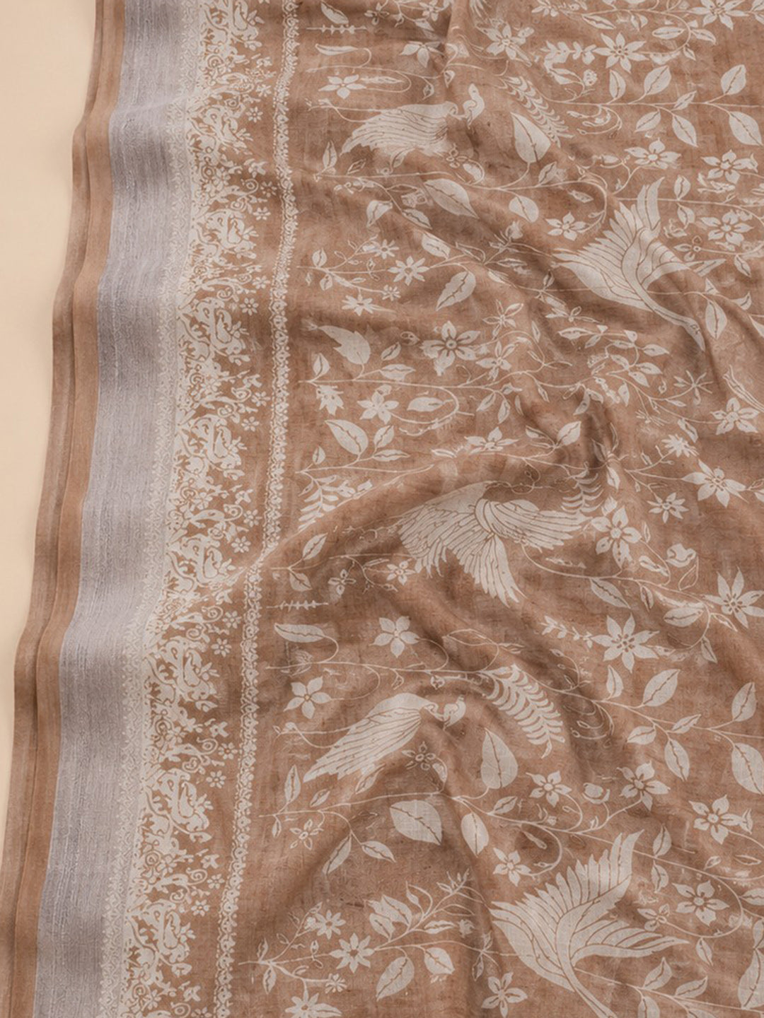 Brown Embroidered Linen Blend Unstitched Suit &amp; Pant With Linen Dupatta