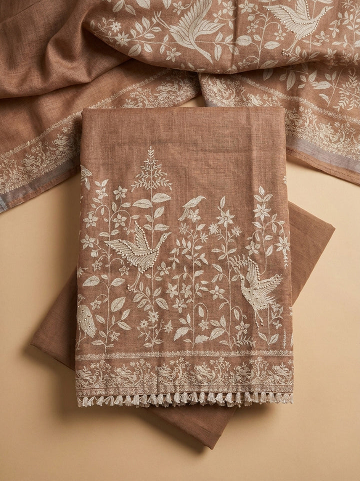 Brown Embroidered Linen Blend Unstitched Suit &amp; Pant With Linen Dupatta
