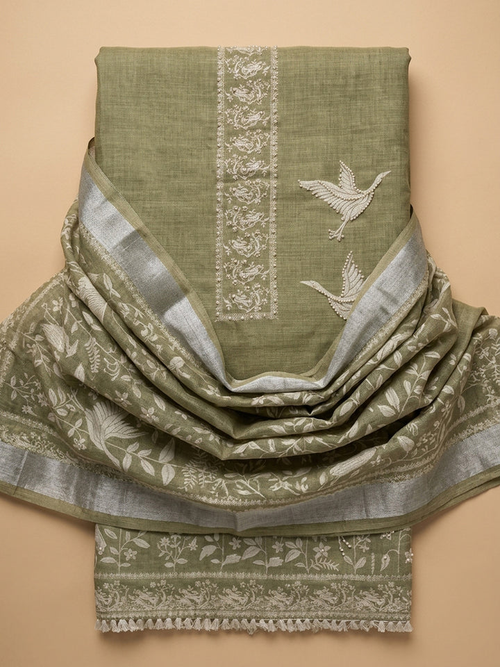 Mehndi Embroidered Linen Blend Unstitched Suit &amp; Pant With Linen Dupatta