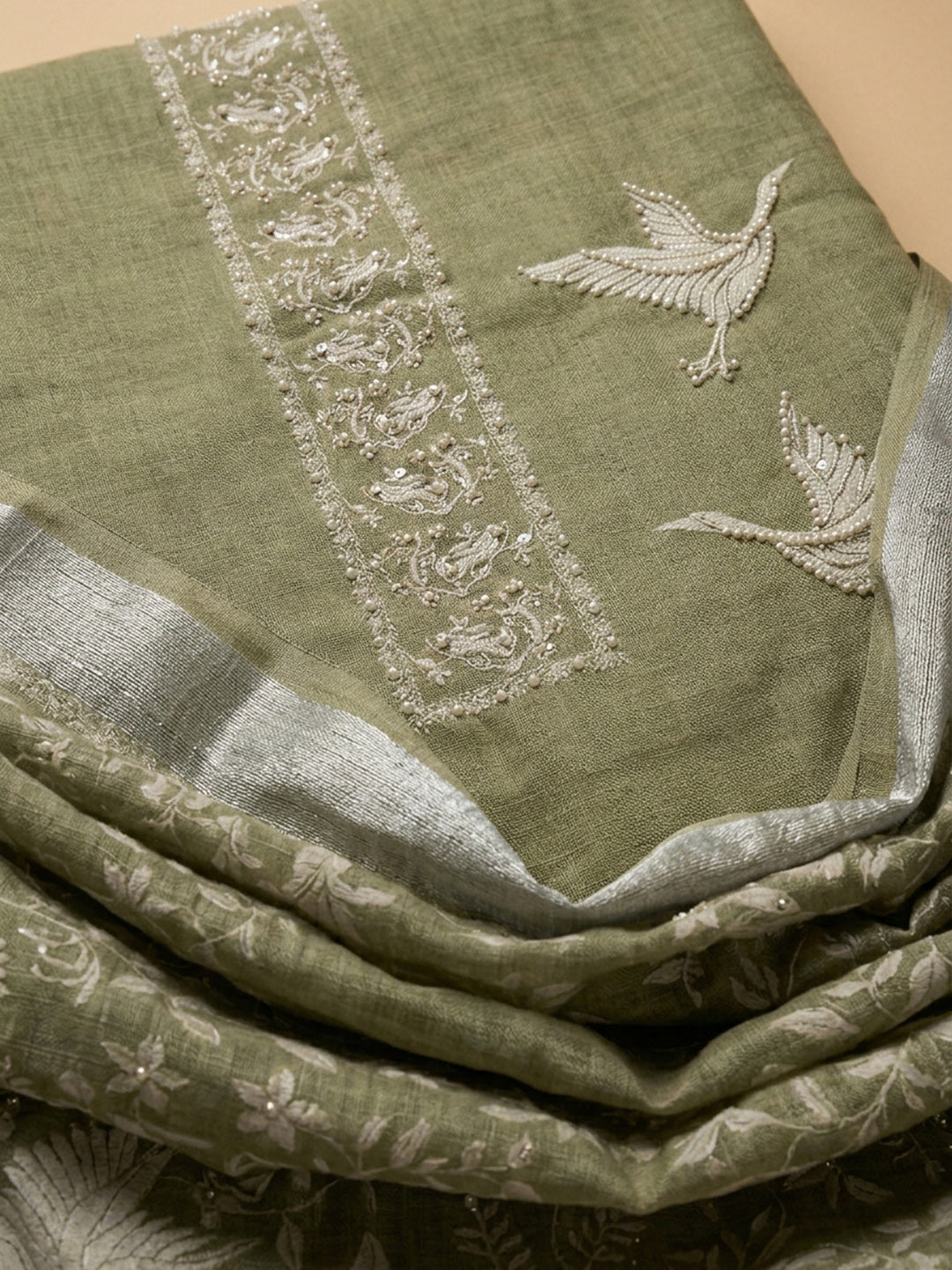 Mehndi Embroidered Linen Blend Unstitched Suit &amp; Pant With Linen Dupatta