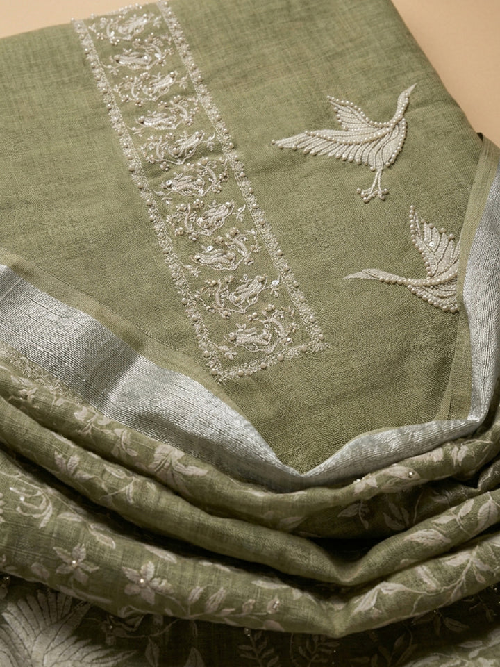 Mehndi Embroidered Linen Blend Unstitched Suit &amp; Pant With Linen Dupatta