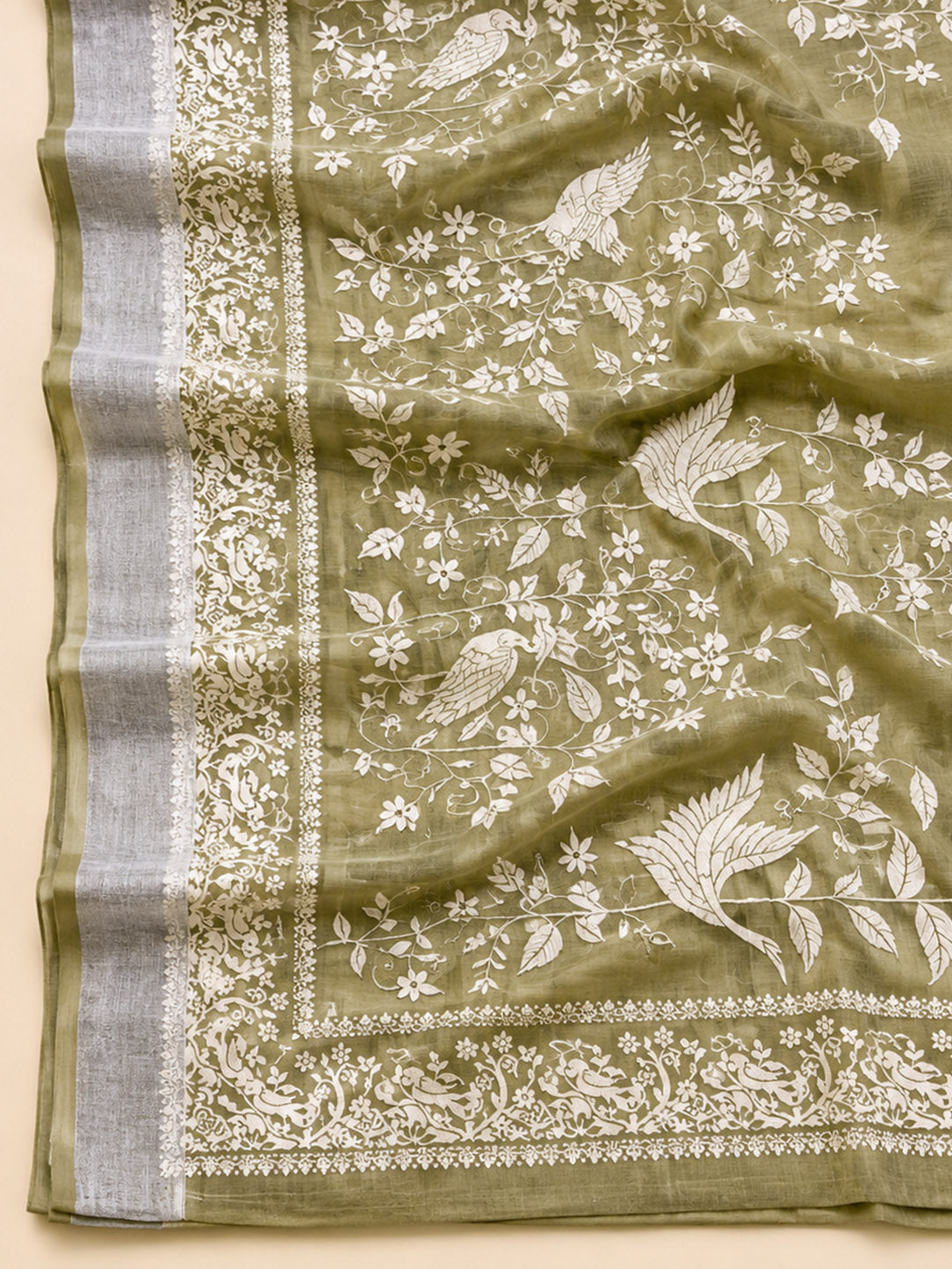 Mehndi Embroidered Linen Blend Unstitched Suit &amp; Pant With Linen Dupatta