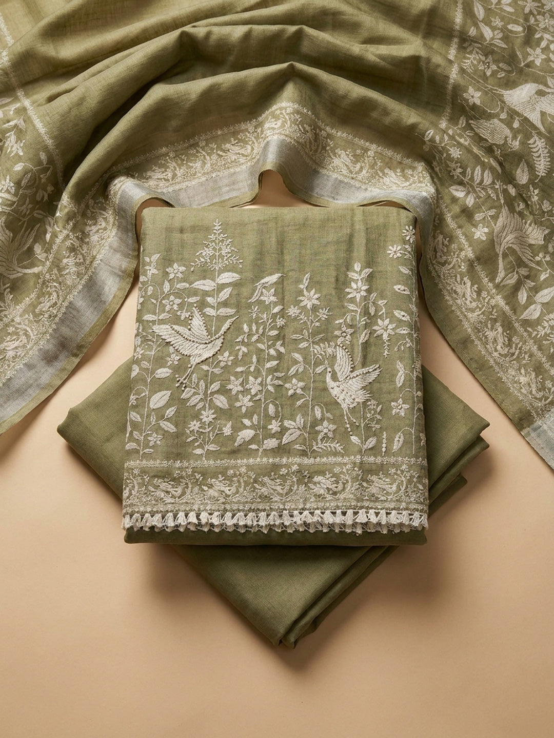 Mehndi Embroidered Linen Blend Unstitched Suit &amp; Pant With Linen Dupatta