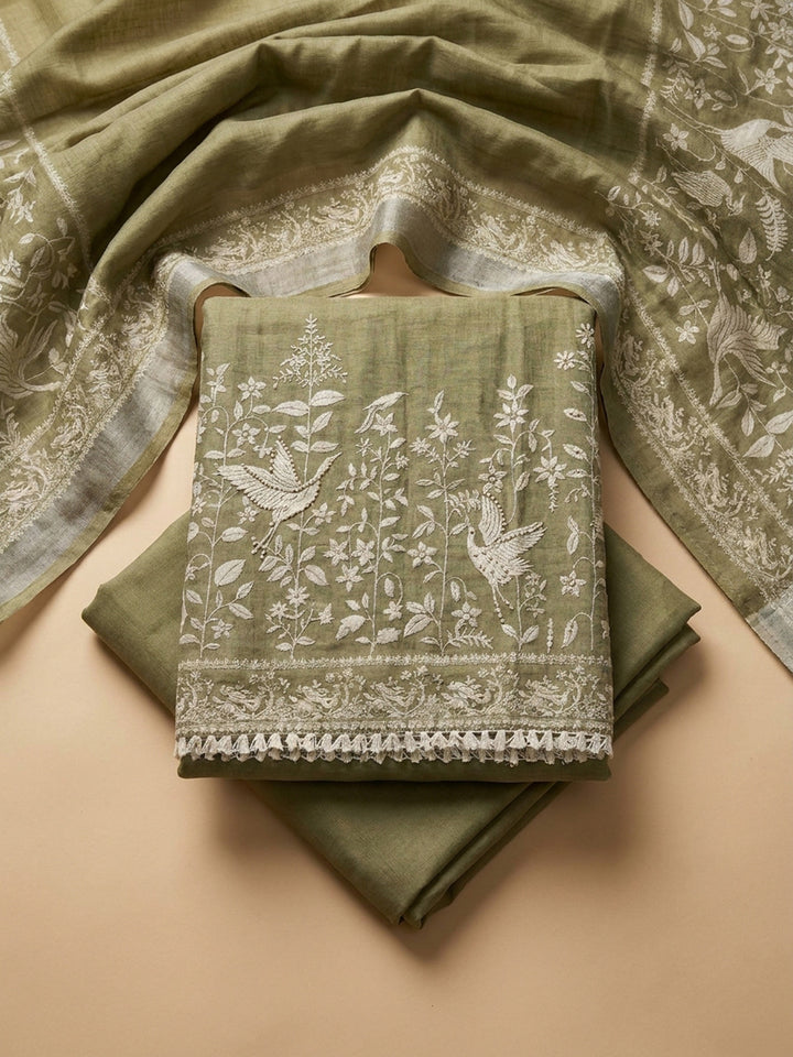 Mehndi Embroidered Linen Blend Unstitched Suit &amp; Pant With Linen Dupatta