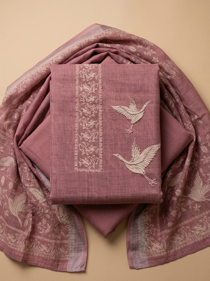 Onion Pink Embroidered Linen Blend Unstitched Suit &amp; Pant With Linen Dupatta