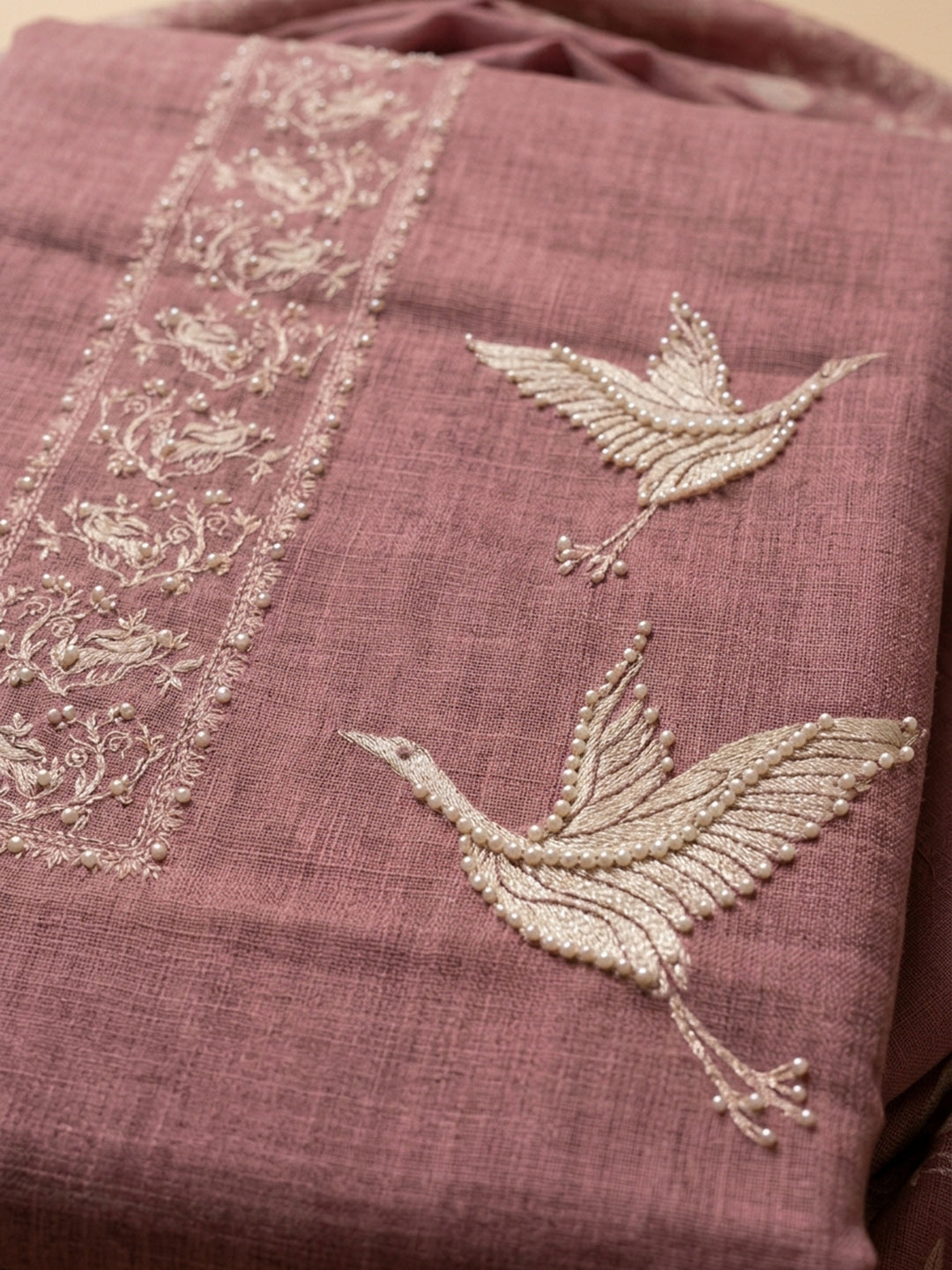 Onion Pink Embroidered Linen Blend Unstitched Suit &amp; Pant With Linen Dupatta