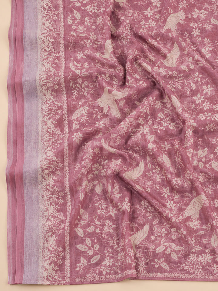 Onion Pink Embroidered Linen Blend Unstitched Suit &amp; Pant With Linen Dupatta