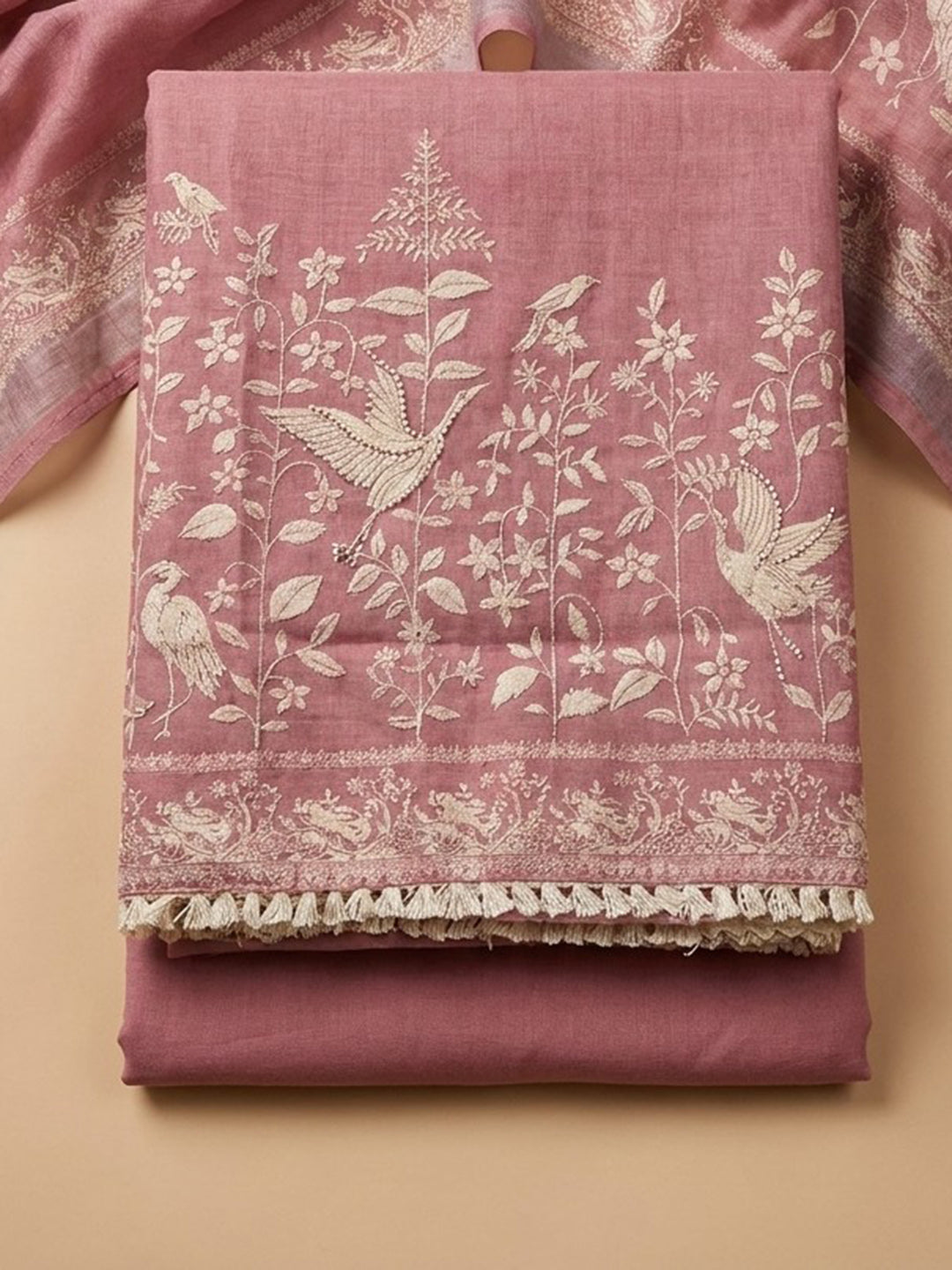 Onion Pink Embroidered Linen Blend Unstitched Suit &amp; Pant With Linen Dupatta