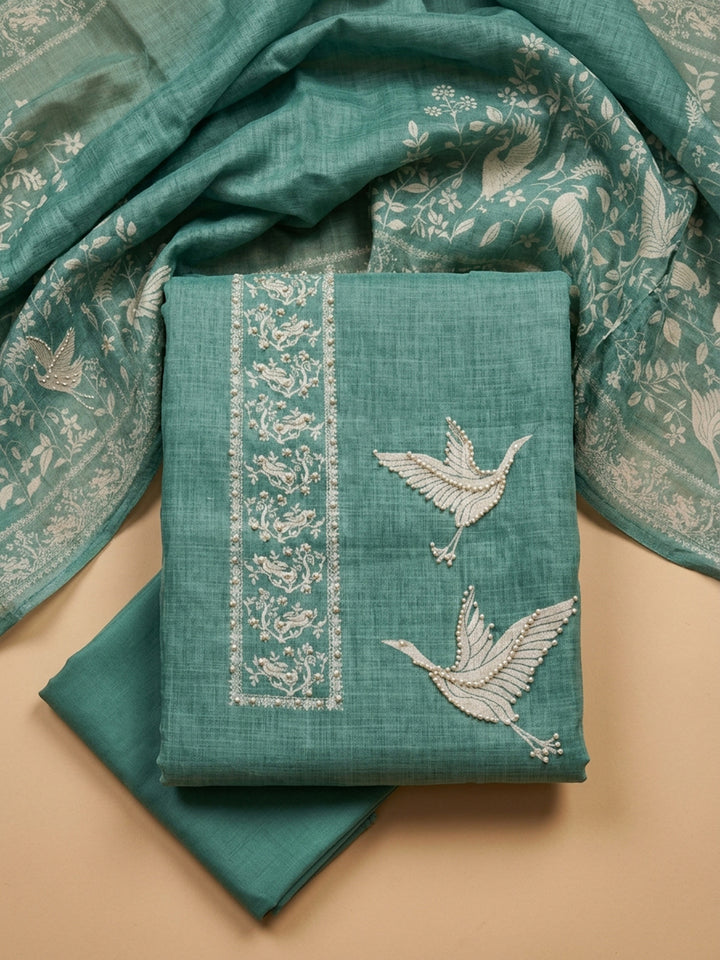 Rama Green Embroidered Linen Blend Unstitched Suit &amp; Pant With Linen Dupatta