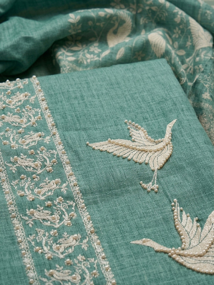 Rama Green Embroidered Linen Blend Unstitched Suit &amp; Pant With Linen Dupatta