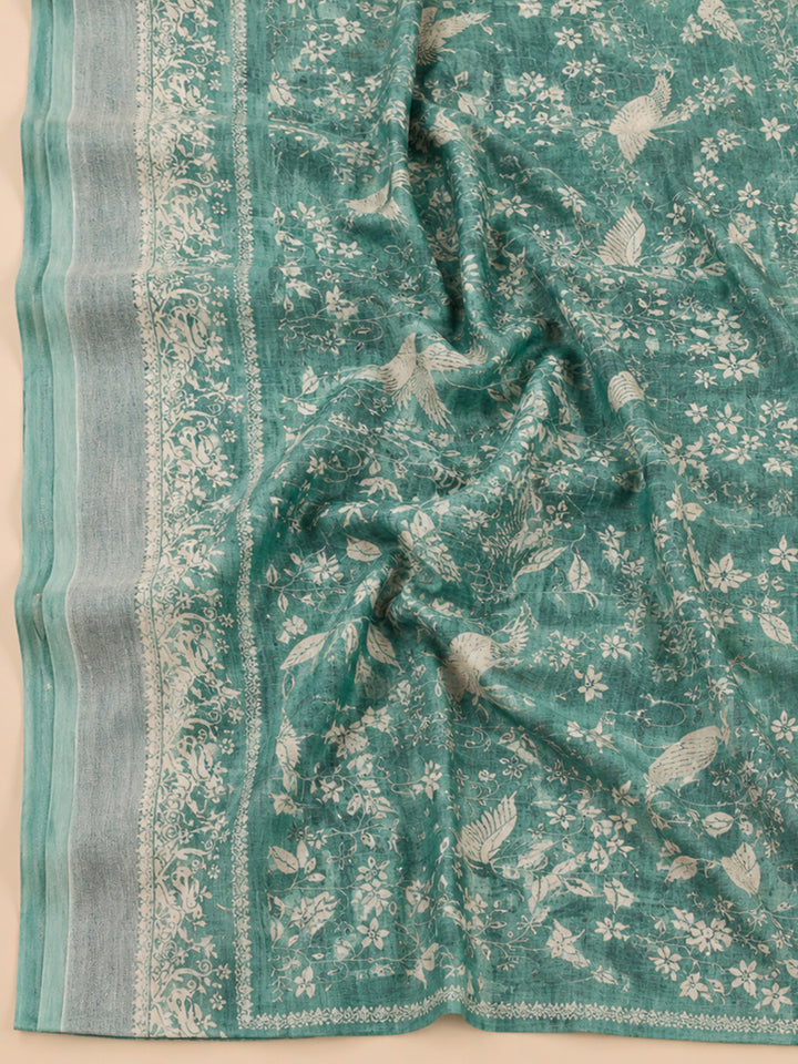 Rama Green Embroidered Linen Blend Unstitched Suit &amp; Pant With Linen Dupatta