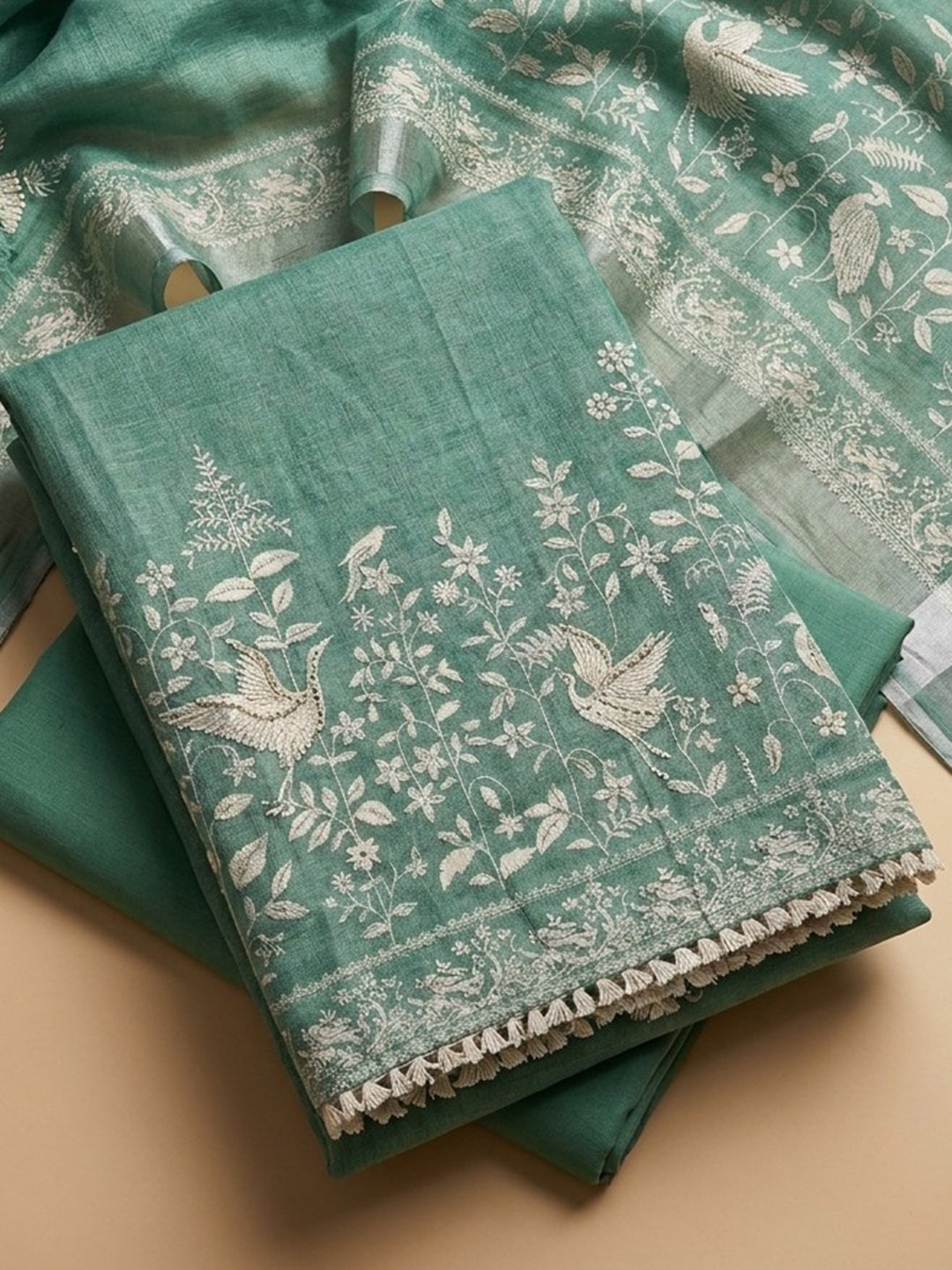 Rama Green Embroidered Linen Blend Unstitched Suit &amp; Pant With Linen Dupatta