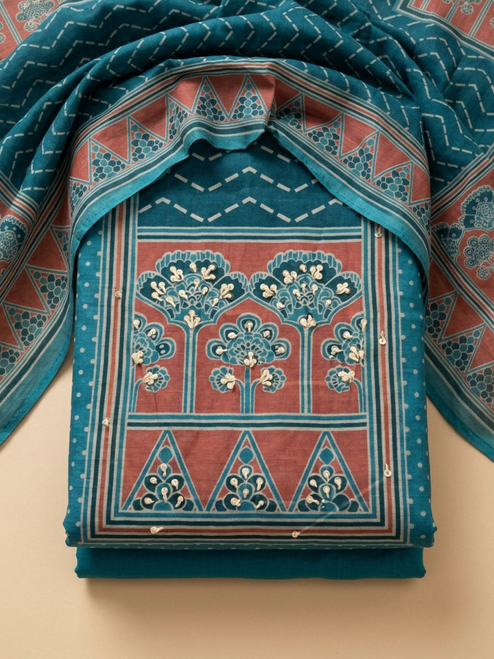 Blue Printed Chanderi Unstitched Suit &amp; Pant With Chanderi Dupatta