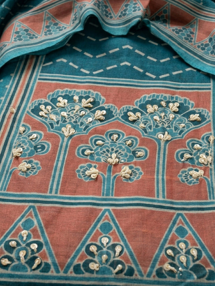 Blue Printed Chanderi Unstitched Suit &amp; Pant With Chanderi Dupatta