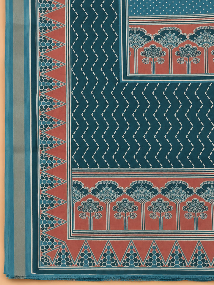Blue Printed Chanderi Unstitched Suit &amp; Pant With Chanderi Dupatta