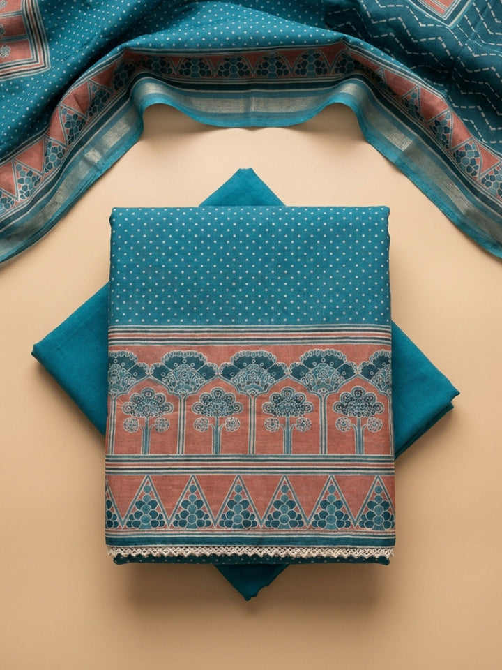 Blue Printed Chanderi Unstitched Suit &amp; Pant With Chanderi Dupatta