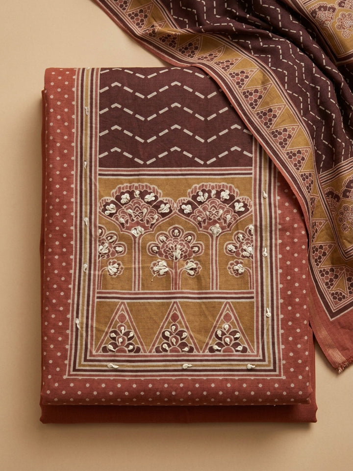 Peach Printed Chanderi Unstitched Suit &amp; Pant With Chanderi Dupatta