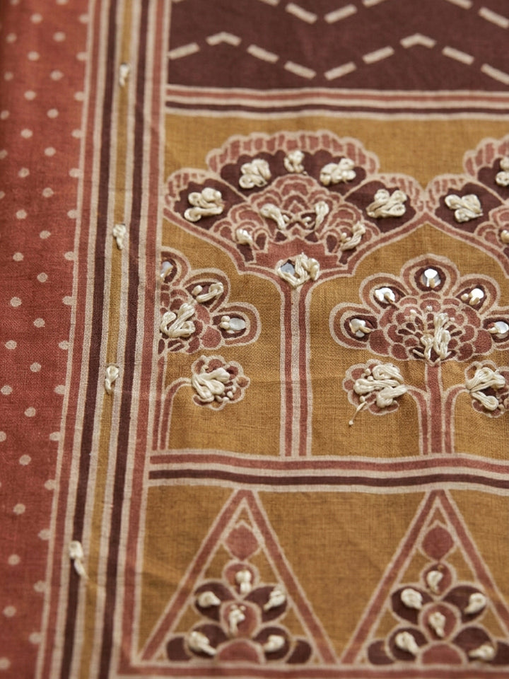 Peach Printed Chanderi Unstitched Suit &amp; Pant With Chanderi Dupatta