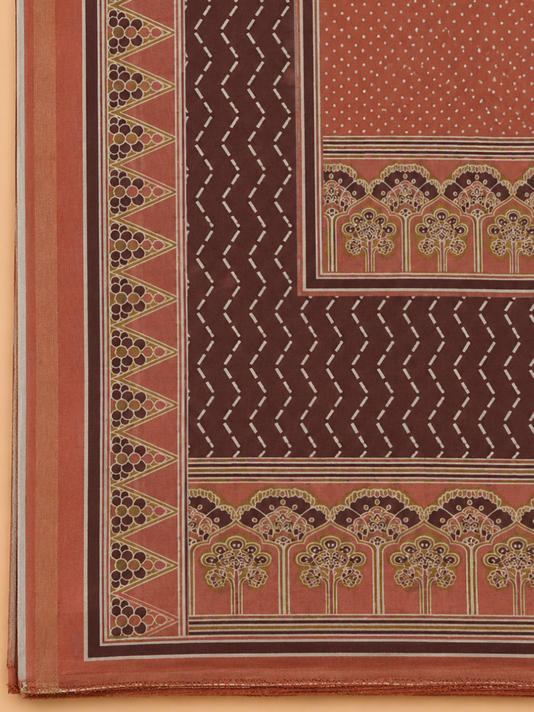 Peach Printed Chanderi Unstitched Suit &amp; Pant With Chanderi Dupatta