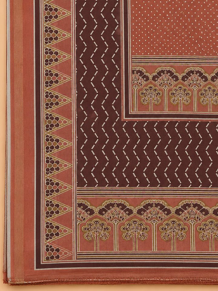 Peach Printed Chanderi Unstitched Suit &amp; Pant With Chanderi Dupatta