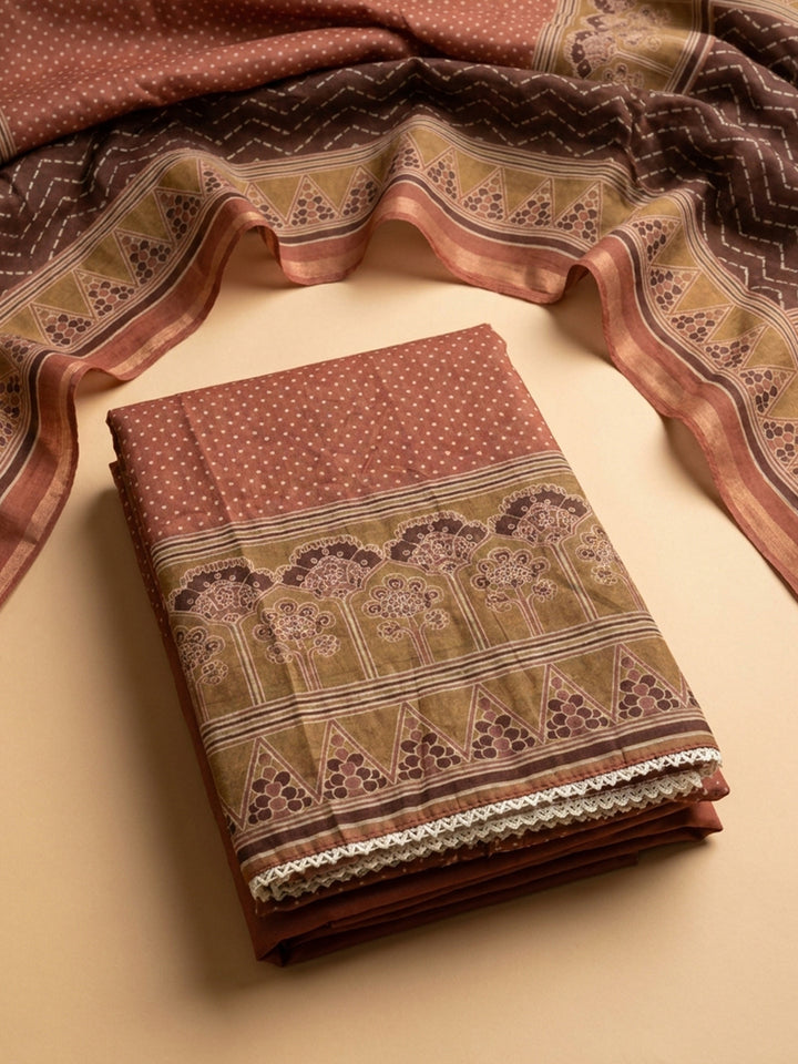 Peach Printed Chanderi Unstitched Suit &amp; Pant With Chanderi Dupatta