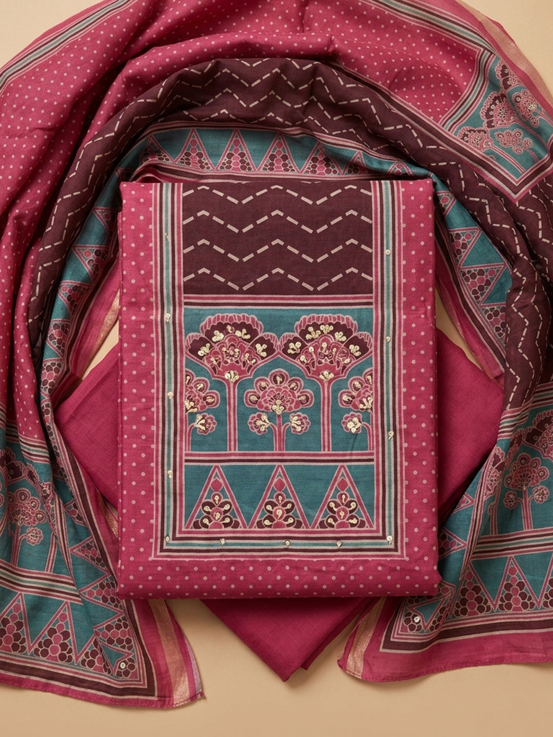 Rani Printed Chanderi Unstitched Suit &amp; Pant With Chanderi Dupatta