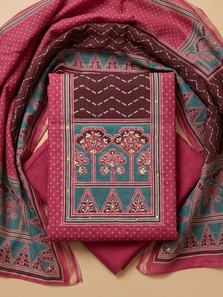 Rani Printed Chanderi Unstitched Suit &amp; Pant With Chanderi Dupatta