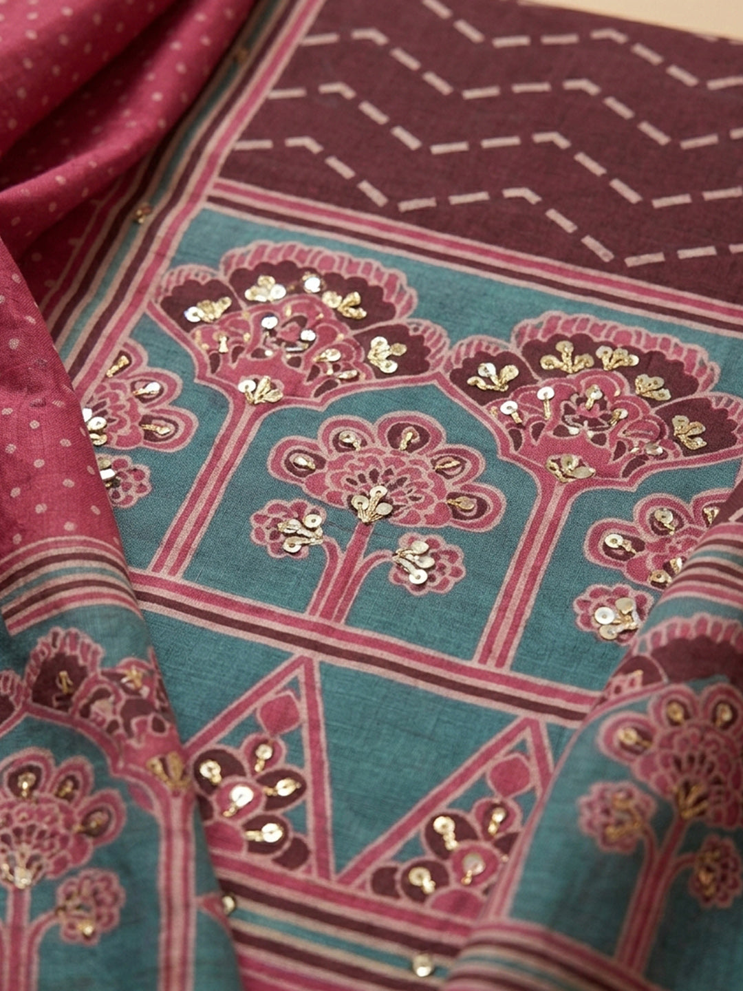 Rani Printed Chanderi Unstitched Suit &amp; Pant With Chanderi Dupatta
