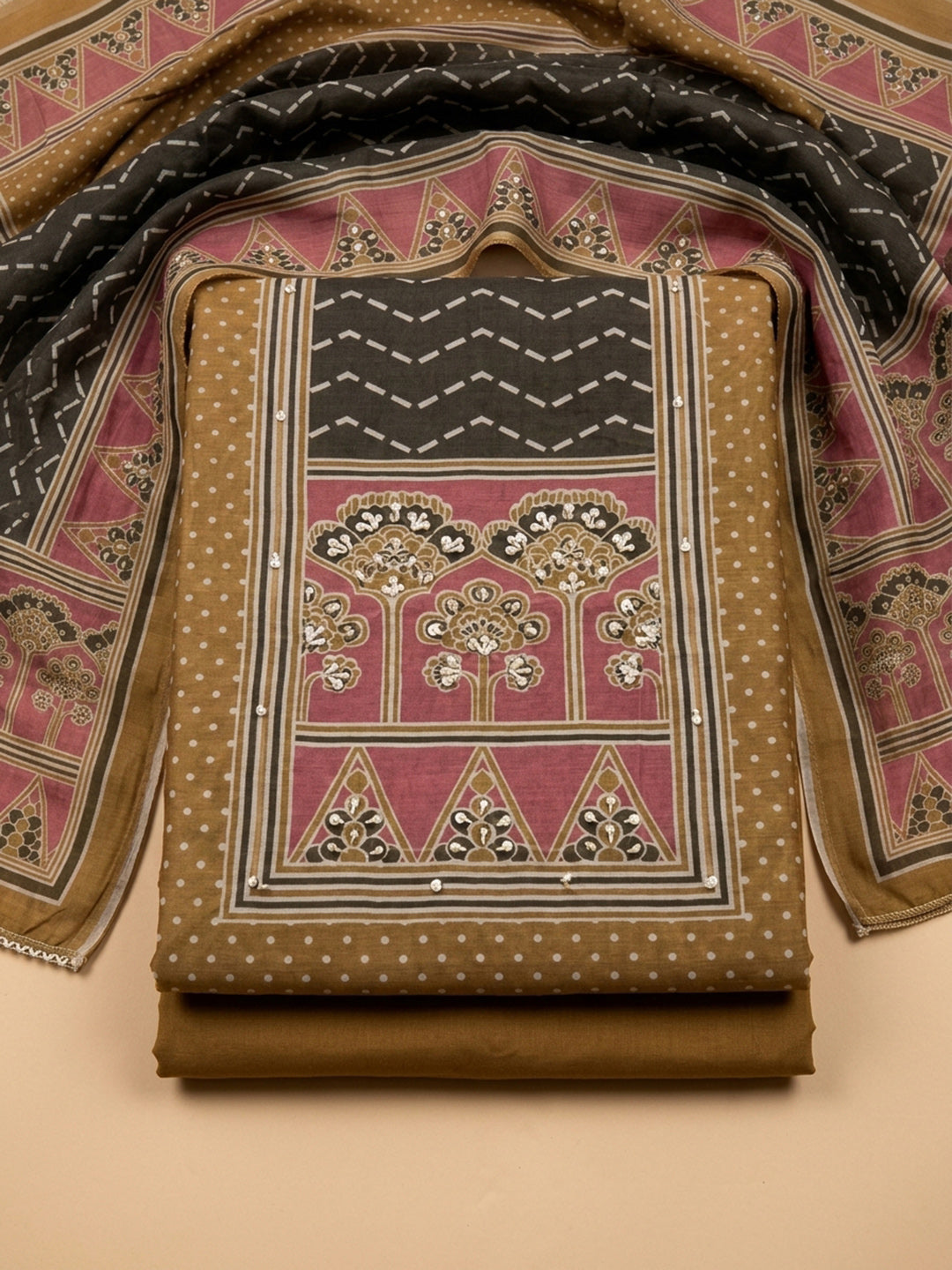 Rust Printed Chanderi Unstitched Suit &amp; Pant With Chanderi Dupatta