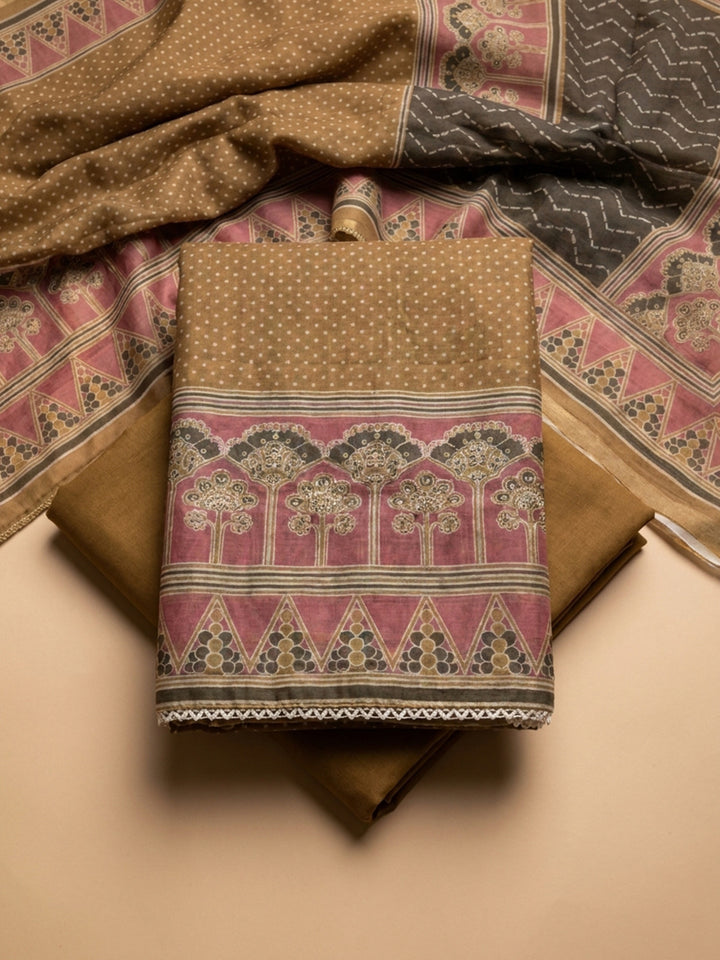 Rust Printed Chanderi Unstitched Suit &amp; Pant With Chanderi Dupatta