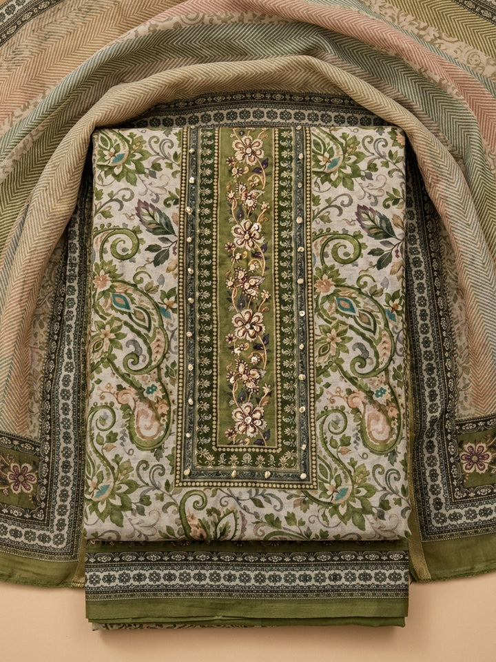 Bottle Green Printed Chanderi Unstitched Dress Material