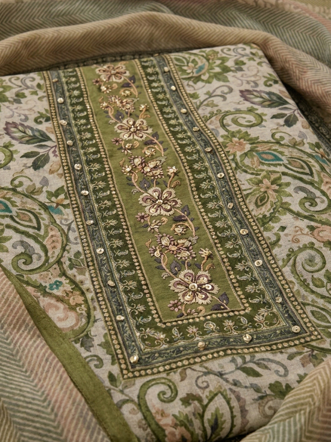 Bottle Green Printed Chanderi Unstitched Dress Material