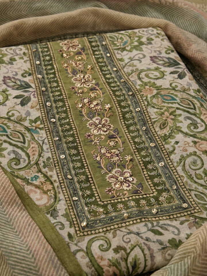 Bottle Green Printed Chanderi Unstitched Dress Material