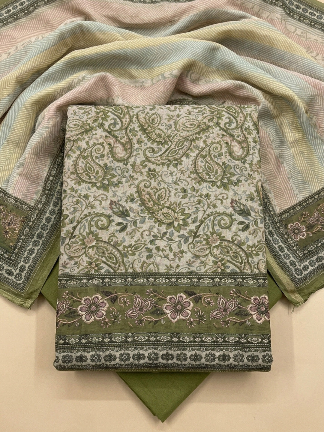 Bottle Green Printed Chanderi Unstitched Dress Material