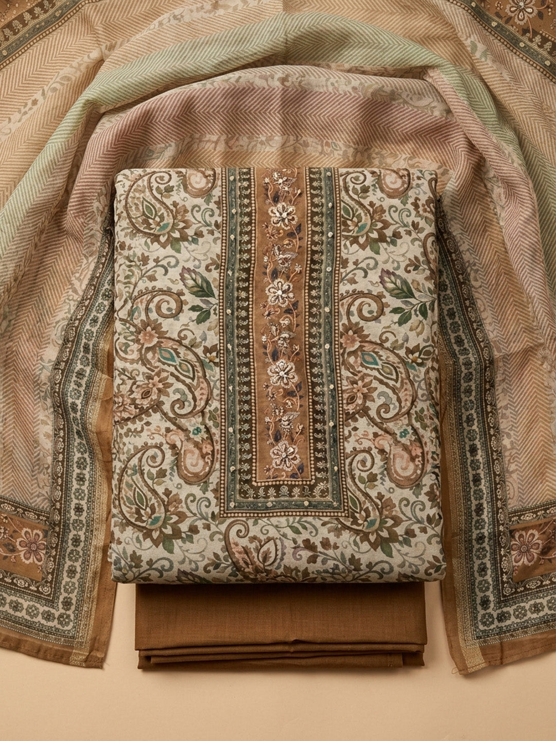 Rust Printed Chanderi Unstitched Dress Material