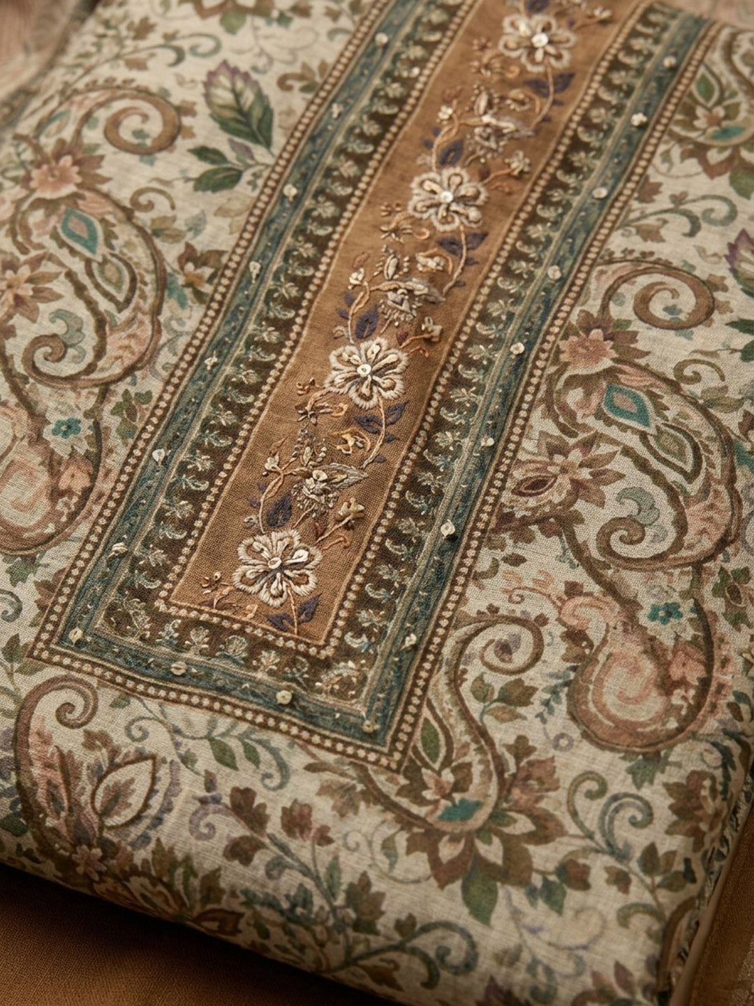 Rust Printed Chanderi Unstitched Dress Material